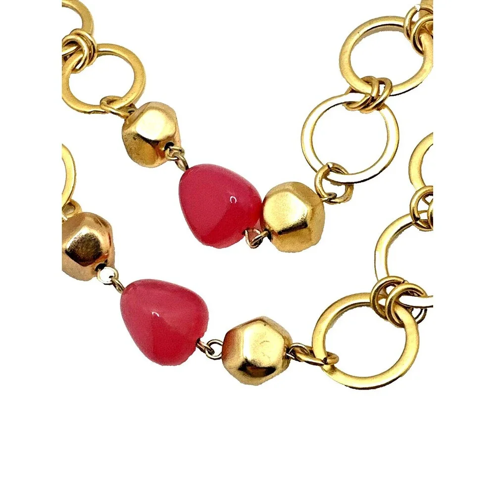 Vintage TALBOTS Station Necklace Pink Stone Glass Bead Gold Tone Link 25